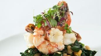 Poached Spot Prawns with Chickpeas and Kale