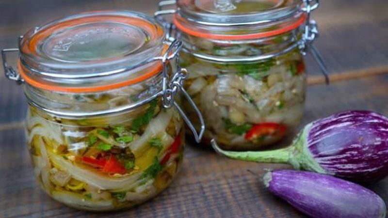 Fill Jars with Homemade Pickled Eggplant