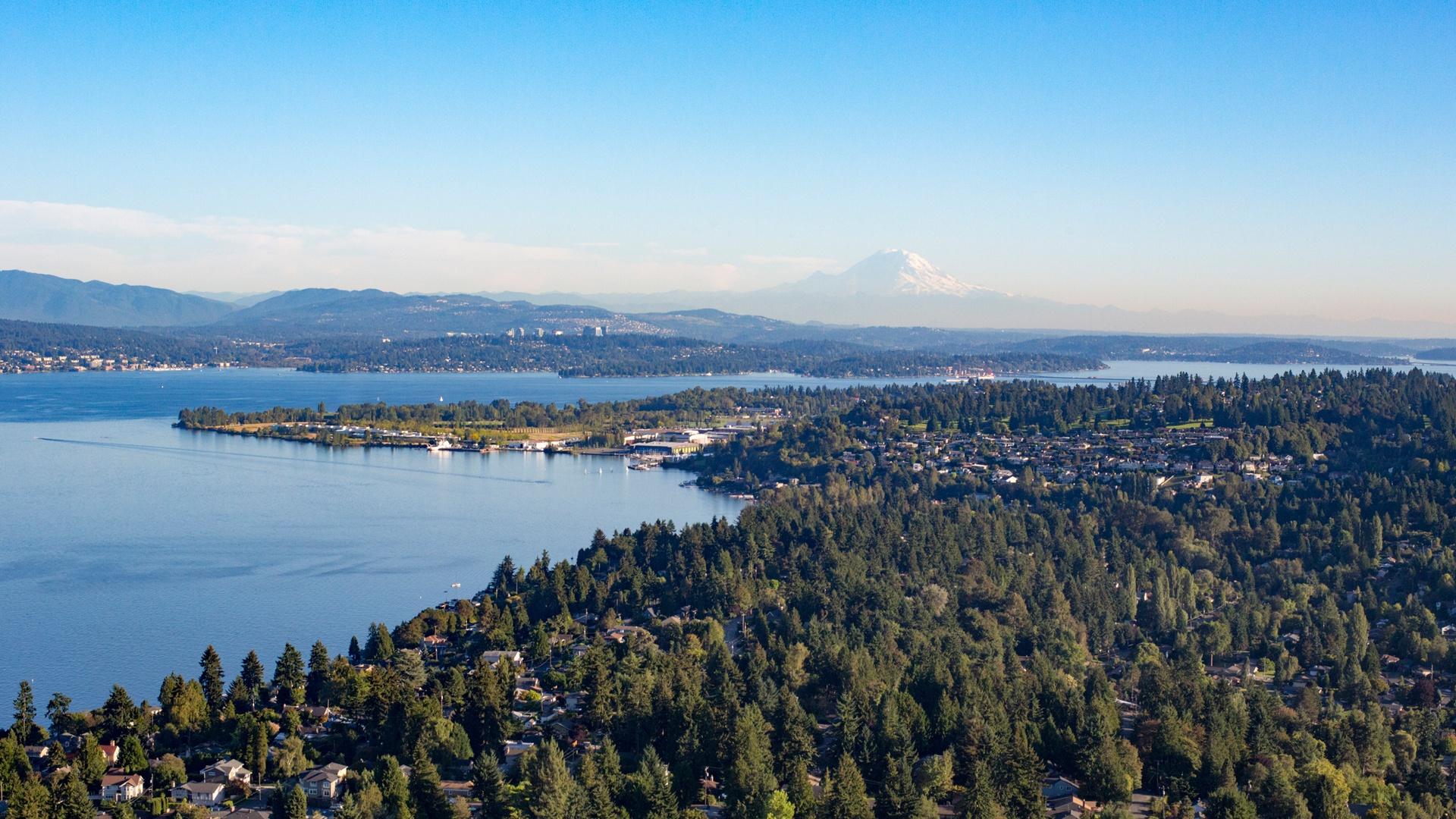 Seattle shoreline with Lake Washington and Mt. Rainier