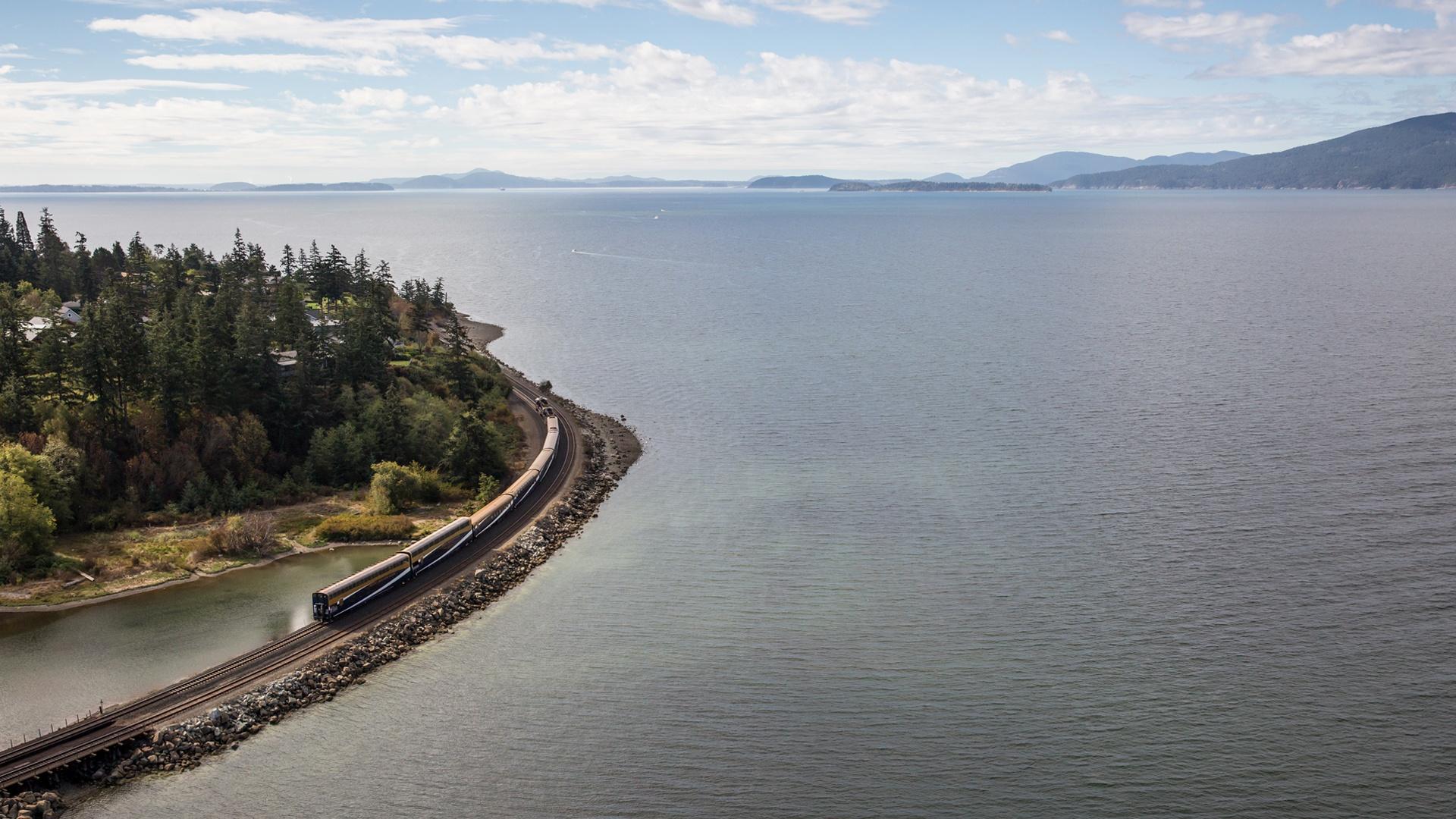 Rocky Mountaineer traveling along Chuckanut Bay.