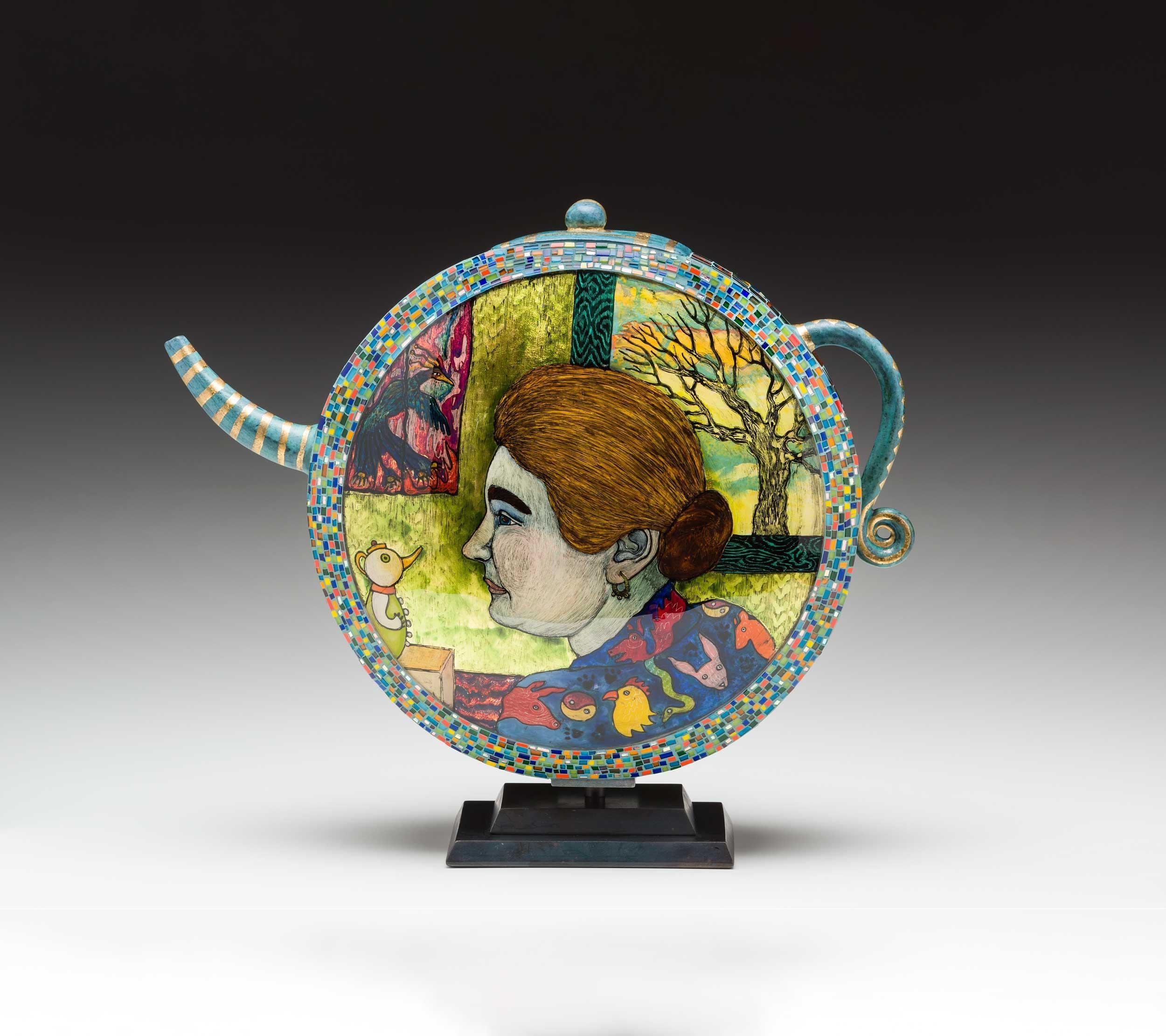 Kathryn McBride (American, 1950-2012), Mother’s Balancing Act: Cirque C’est La Vie Series, 2003, glazed porcelain, 14.63 x 10.5 x 6.5″, Kamm Collection