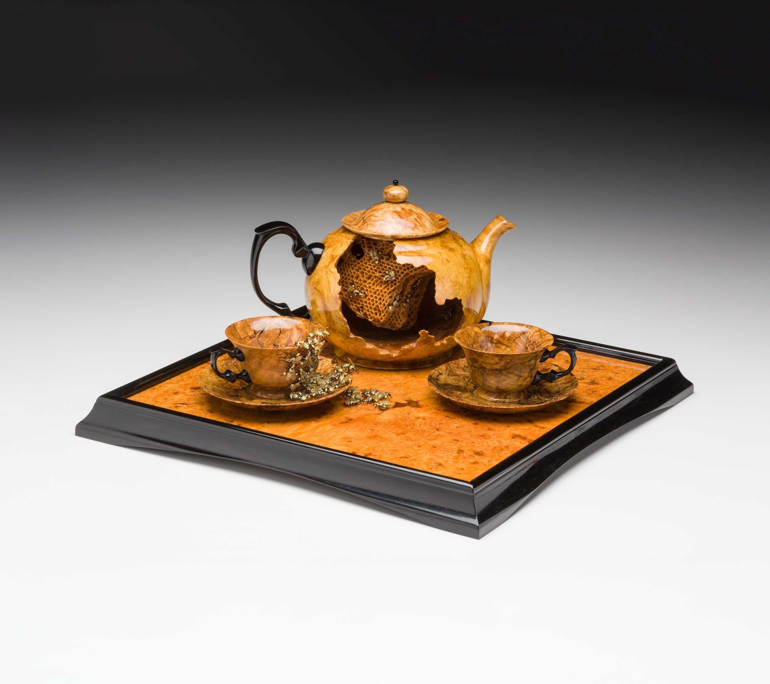 Michael Mangiafico & Ed Pinto, Honey Pot Tea Set, 2014, spalted maple, ebony, glass, 8.38 x 17.88 x 17.88″, Kamm Collection