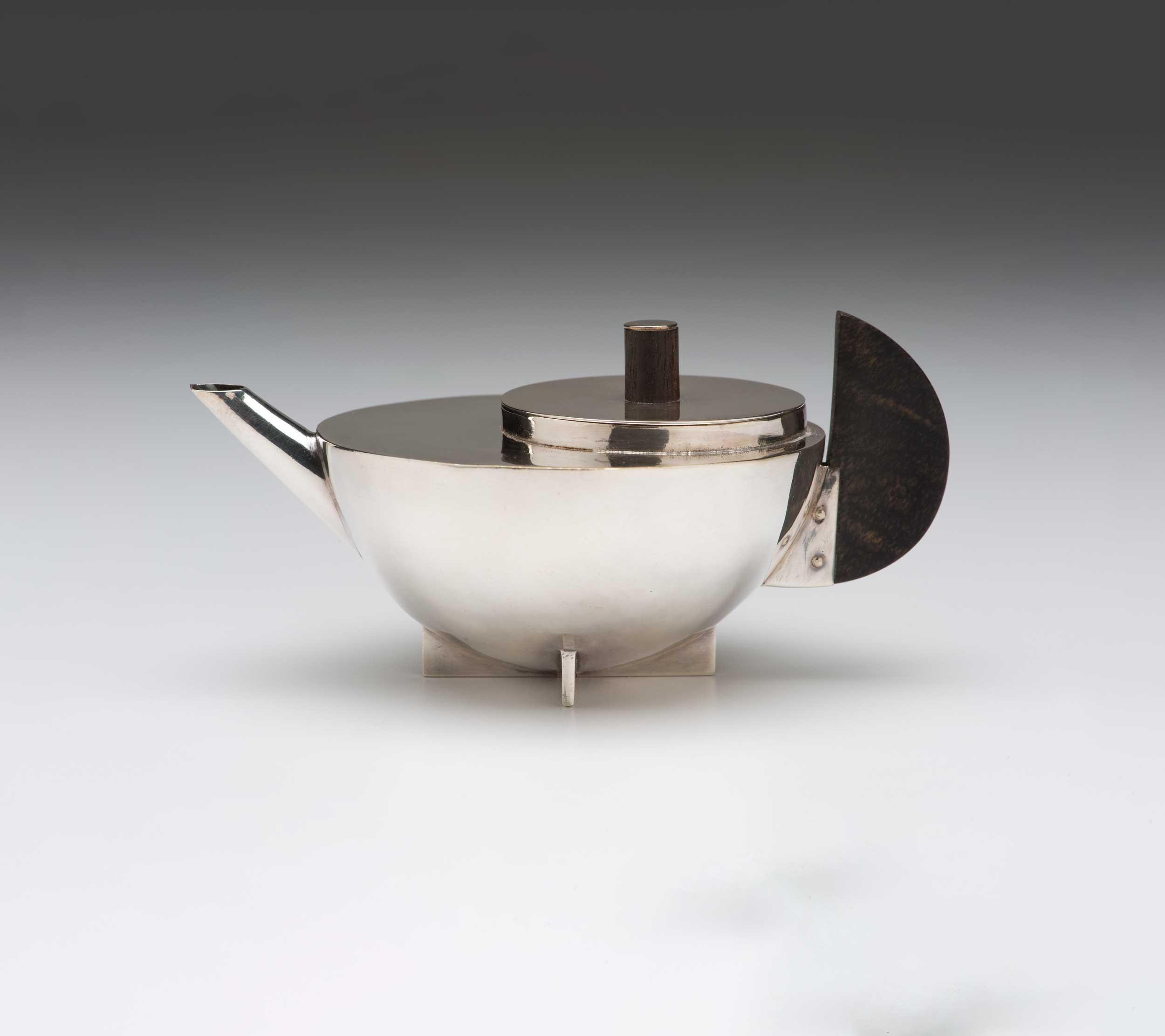 Marianne Brandt, Tea Infuser, Model No. MT 49, c. 1927, silverplated brass, ebony, 3 x 6 x 4", Kamm Collection