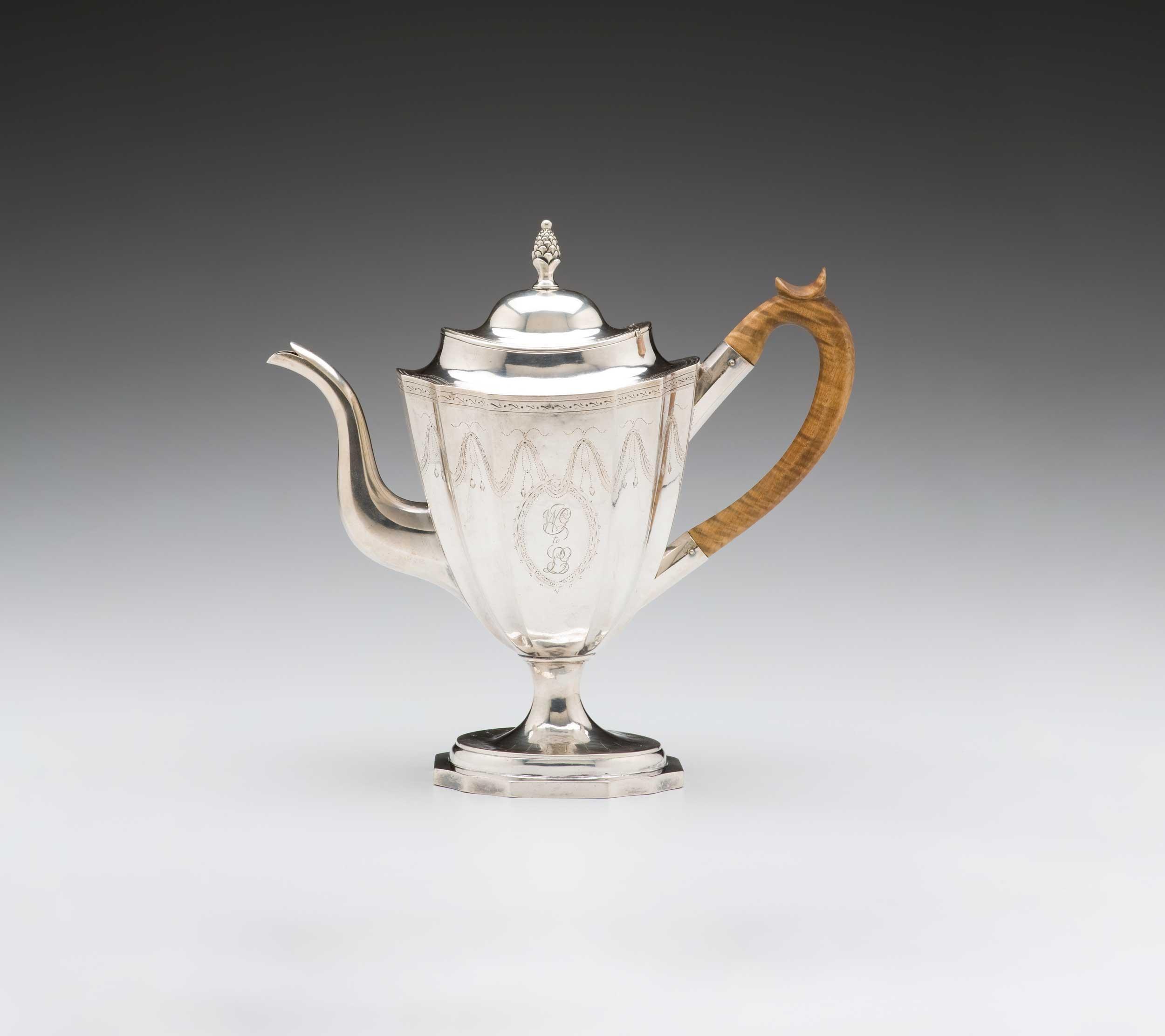 attrib. to Paul Revere, William Goddard Teapot, c. 1811, sterling silver, wood, 11.75 x 12 x 5", Kamm Collection