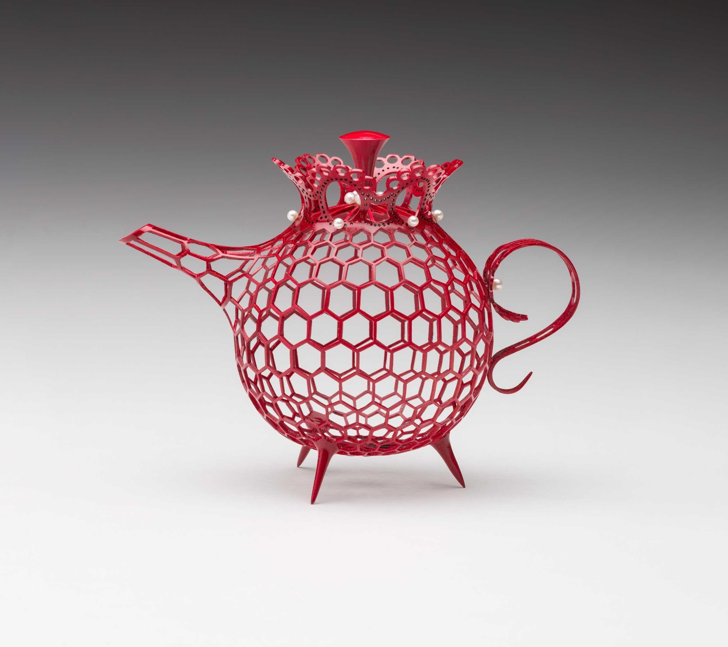 Malcolm Zander, Pearl Grey Teapot, 2009, pink ivory, cherry, paint, pearls, 4 x 5.5 x 3", Kamm Collection