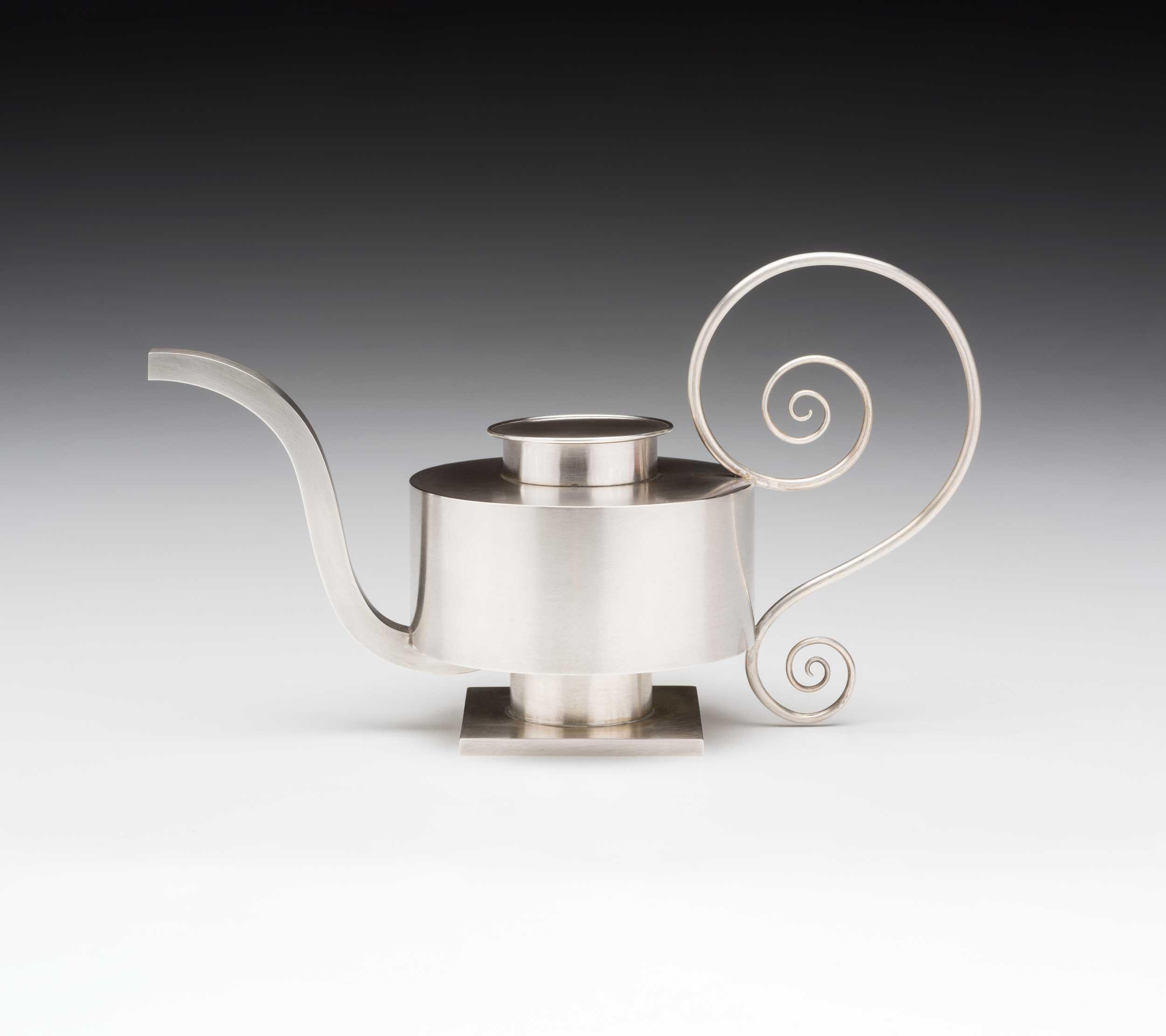 John Prip (American, 1922-2009), Experimental Teapot, c. 1979, sterling silver, 6.13 x 10.25 x 4.38″, Kamm Collection