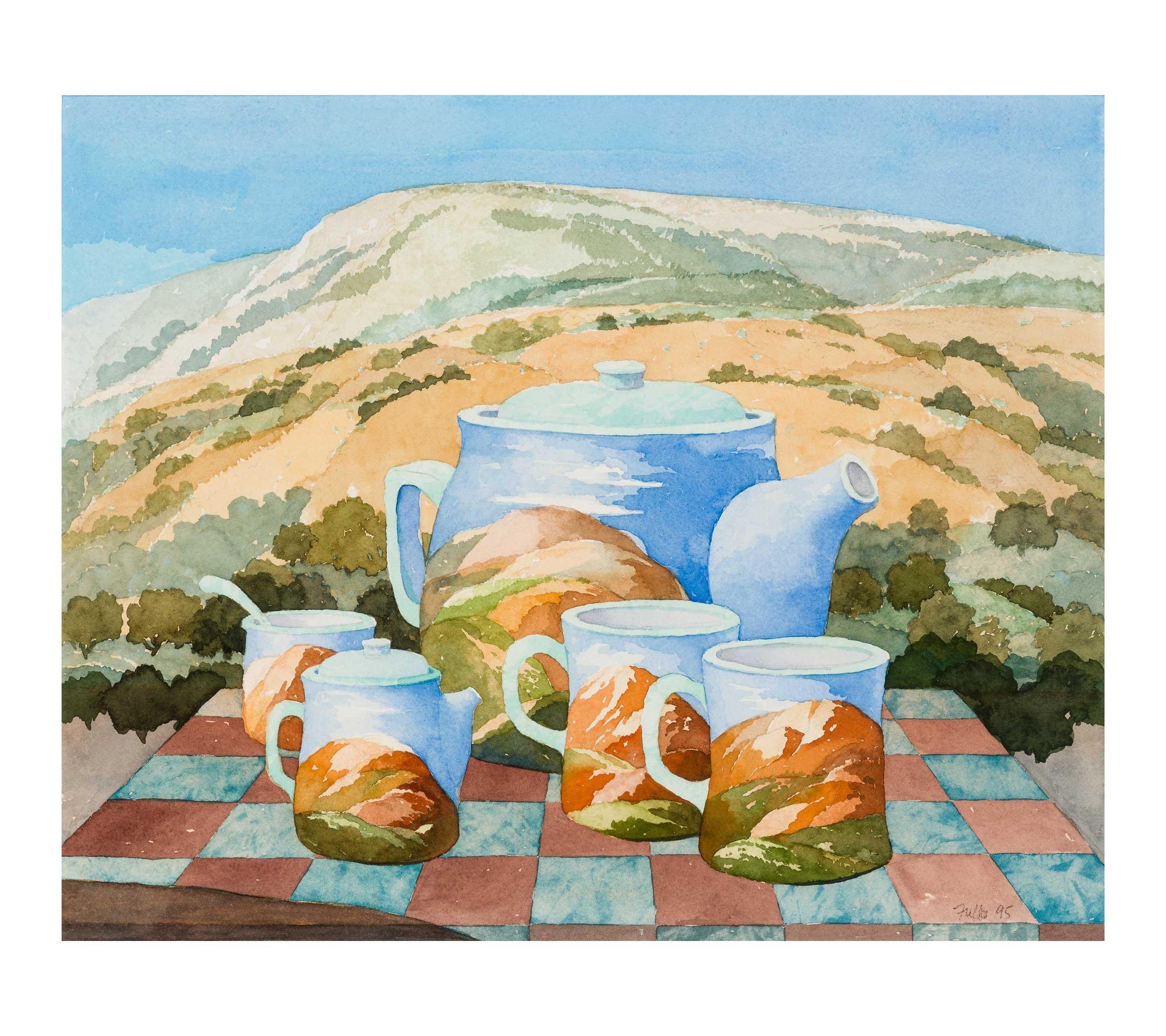 Jim Fuller (American, b. 1927), Foothill Tea Set, 1995, watercolor on paper, 11.63 x 14.25″, Kamm Collection