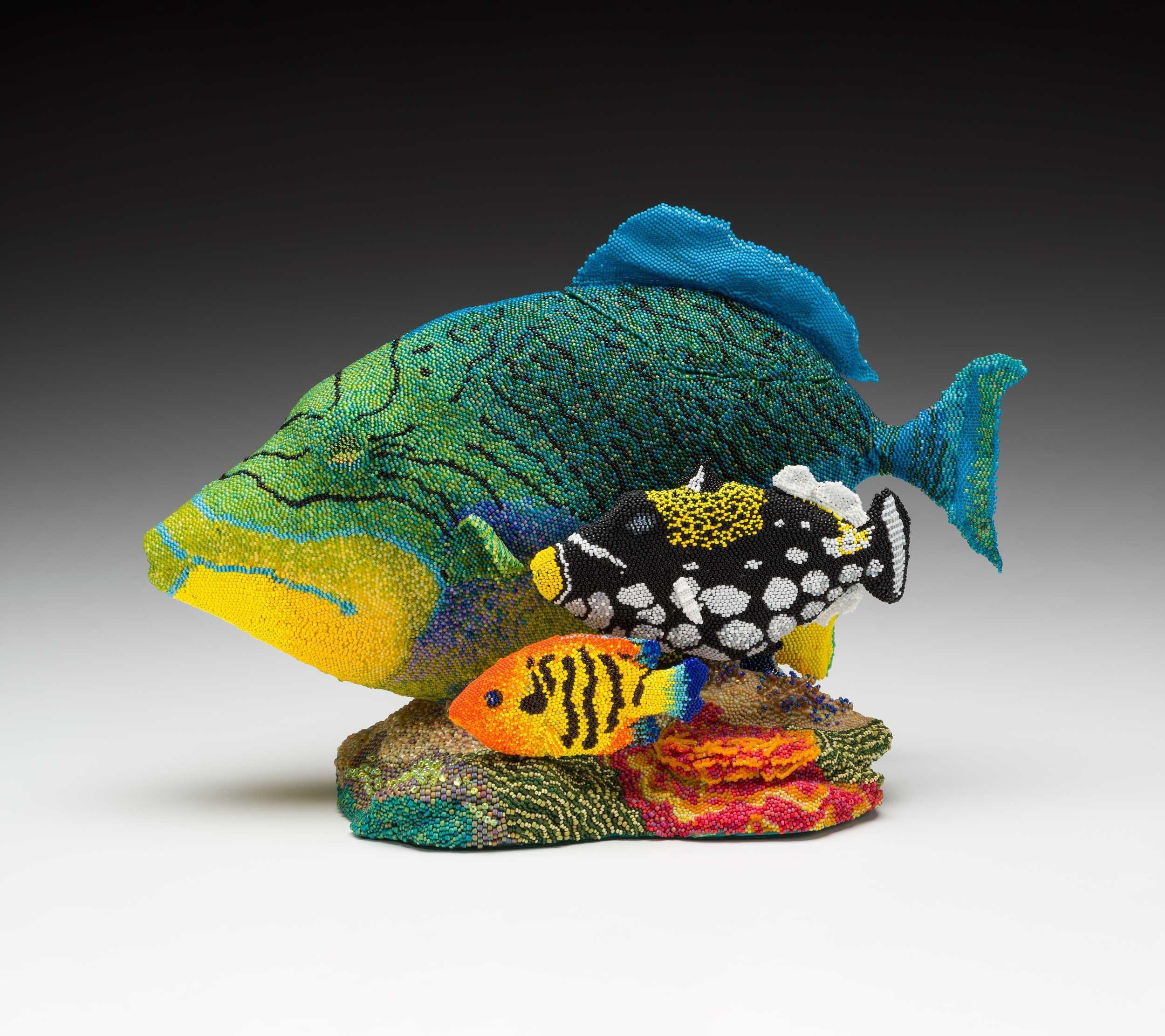 Leslie B. Grigsby (American, b. 1957), If You Drink Any More Tea, You’ll Turn into a Fish, 2009, glass and wooden beads, wood, 10.25 x 17.25 x 8.75″, Kamm Collection