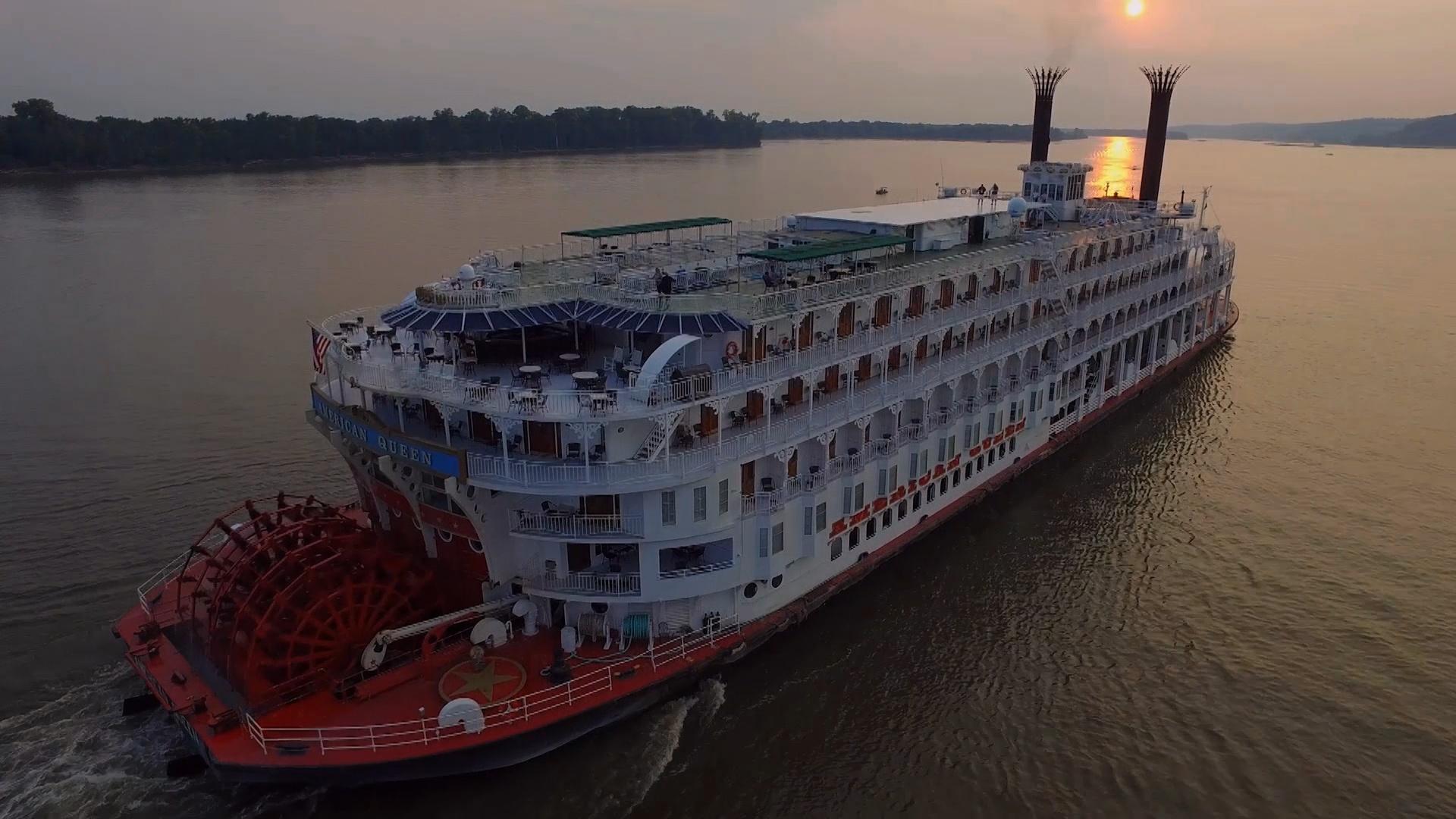 The American Queen on the Mississippi at sunset
