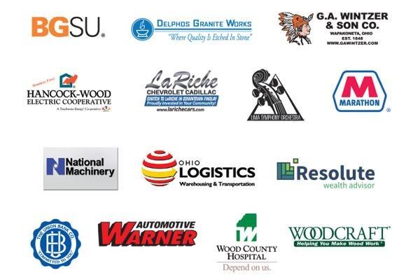 Various underwriter logos, BGSU Delhos Granite Works, G.A. Wintzer & Son Co., Hancock-Wood Electric Cooperative, LaRiche Chevrolet, Lima Symphony, Marathon, National Machinery, Ohio Logistics, Resolute Wealth Advisor, The Union Bank, Warner Automotive, Wood County Hospital, Woodcraft