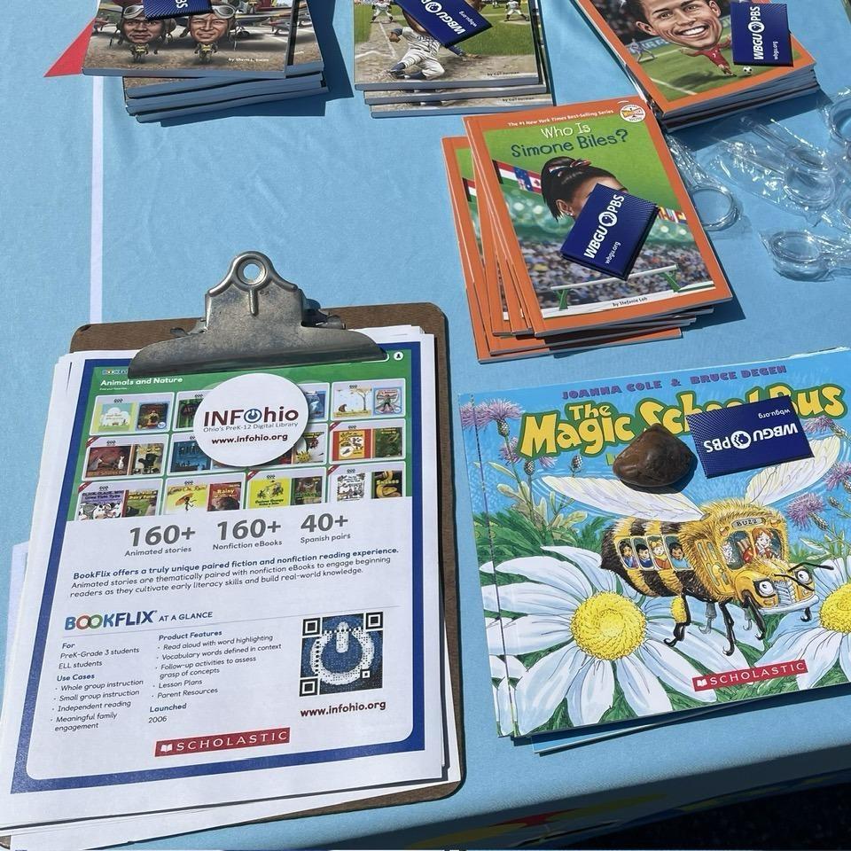 INFOhio Book Flix Flyer and children's books that were distributed at the Defiance Lilac Festival on May 9, 2026.