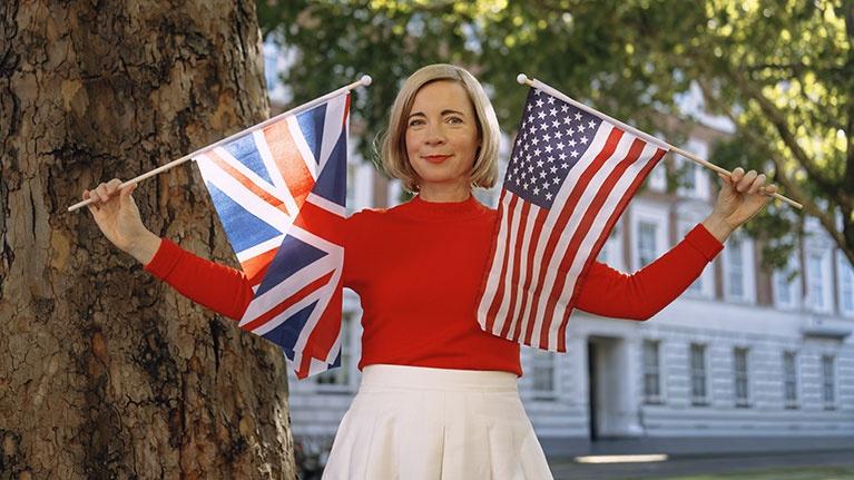 This image features British historian and author Lucy Worsley, pictured for her documentary series "Lucy Worsley Investigates: The American Revolution". 