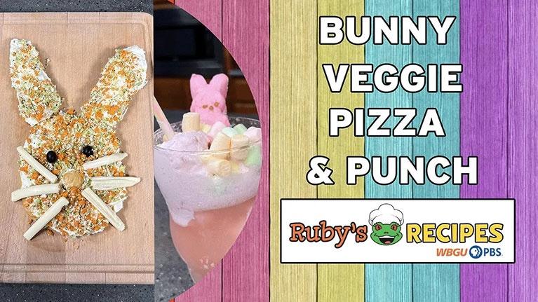 This image showcases a festive Easter-themed snack called "Bunny Veggie Pizza" and a matching punch from "Ruby's Recipes" featured on WBGU PBS. Easter is just around the corner! For those who celebrate, Ruby’s Recipes is bringing some festive fun straight to your kitchen.This image showcases a festive Easter-themed snack called "Bunny Veggie Pizza" and a matching punch from "Ruby's Recipes" featured on WBGU PBS. Easter is just around the corner! For those who celebrate, Ruby’s Recipes is bringing some festive fun straight to your kitchen.