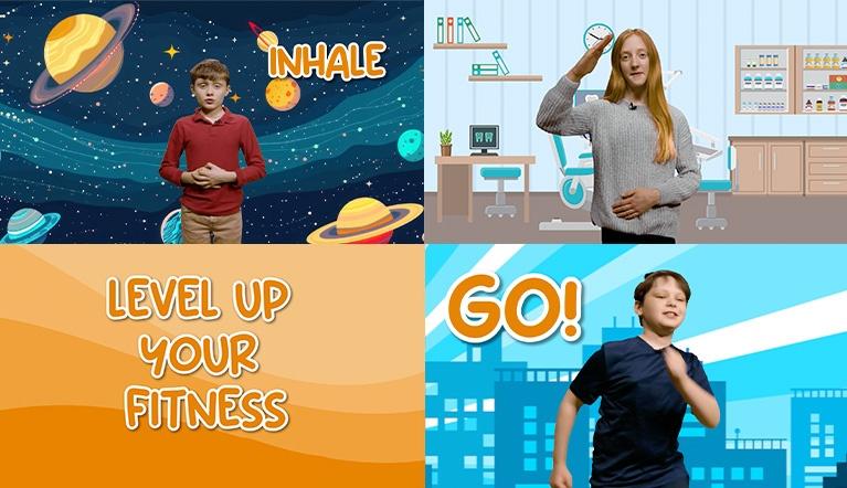 A four-panel collage showing children exercising with text overlays: Top left 'INHALE', bottom left 'LEVEL UP YOUR FITNESS', bottom right 'GO!'