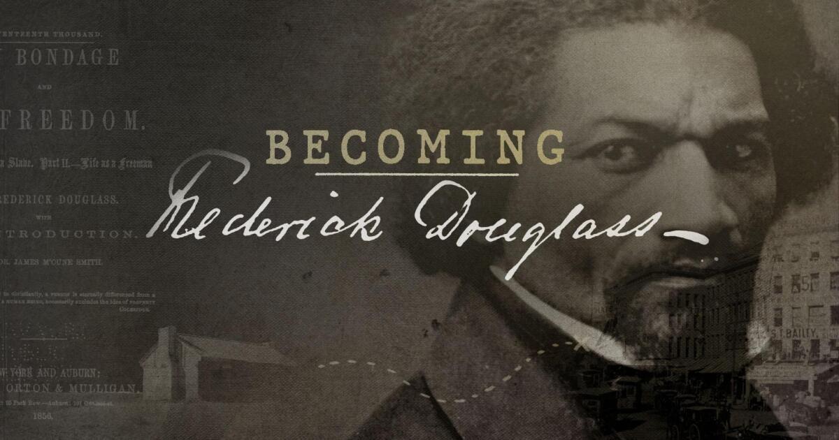 Black and White Photo of Frederick Douglass with program title Becoming Frederick Douglass