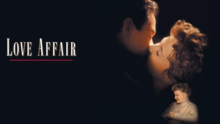 Promotional image for the 1994 film Love Affair, featuring a large image of the main couple, Mike (Warren Beatty) and Terry (Annette Bening), in an embrace or kiss, and a smaller image of Ginny (Katharine Hepburn) seated below, with the title text 'Love Affair' on the left".