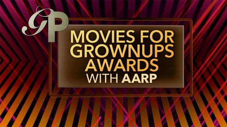 Red and black striped image with the words GP: Movies for Grownups Awards for AARP