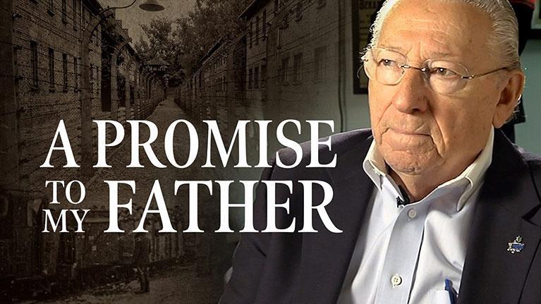 A documentary image for "A Promise to My Father" features Holocaust survivor Israel Arbeiter on the right, with a background image of a concentration camp on the left. 