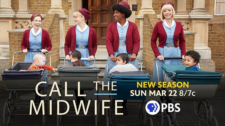 Four midwives pushing prams with babies in a promotional photo for the TV show "Call the Midwife".