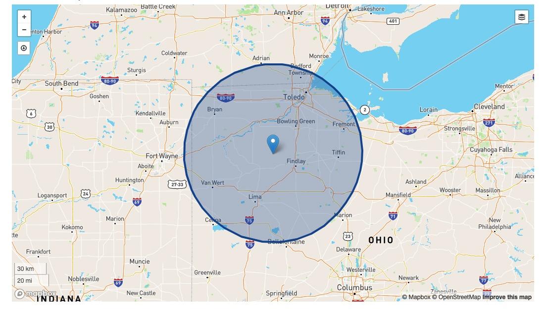 Northwest Ohio with WBGU-PBS broadcast transmission area circled