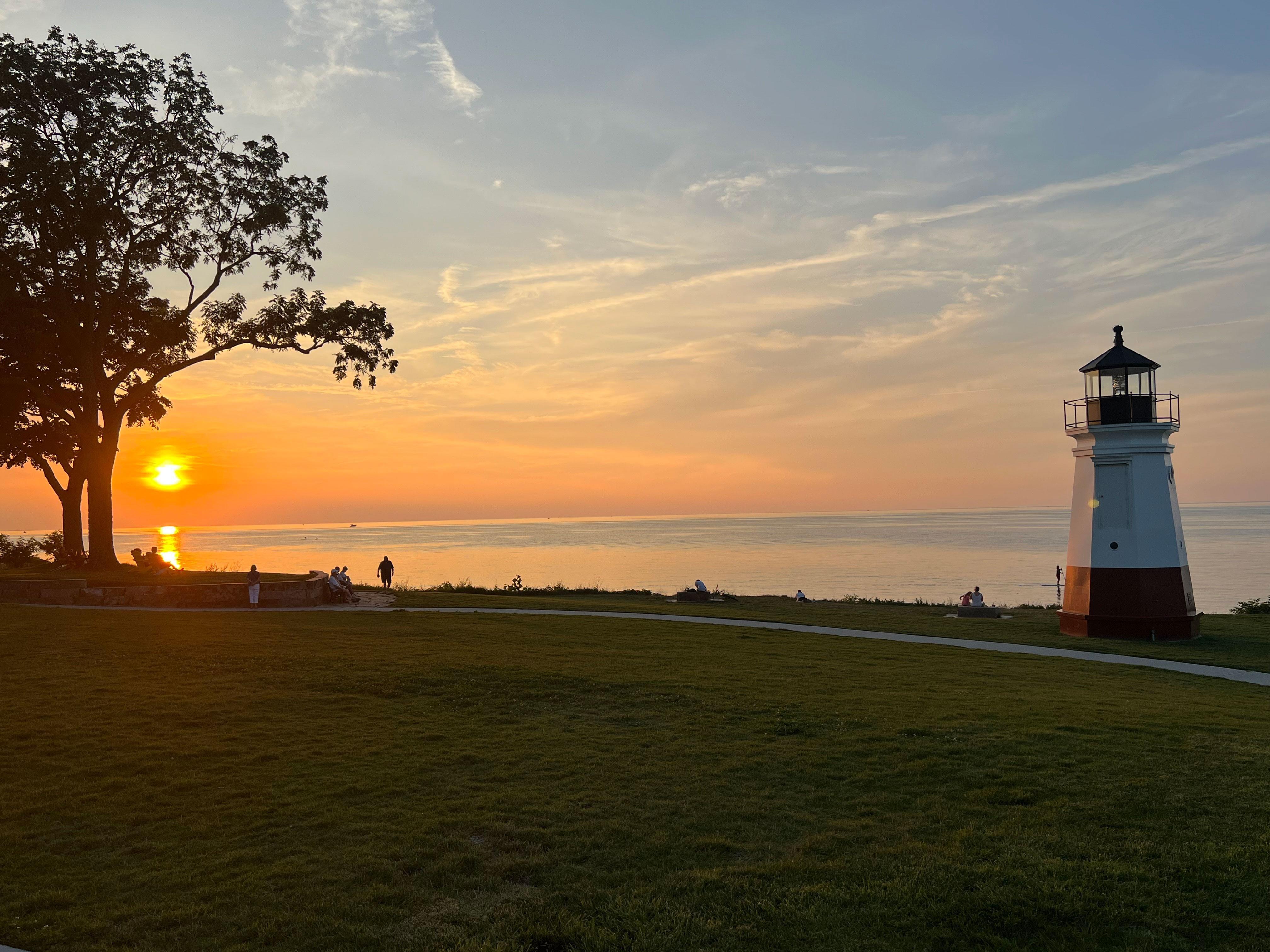 Vermilion lighthouse drone shot at sunset