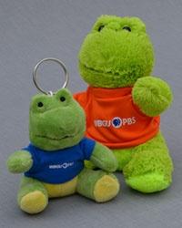 two plush frog toys, one with keychain one without