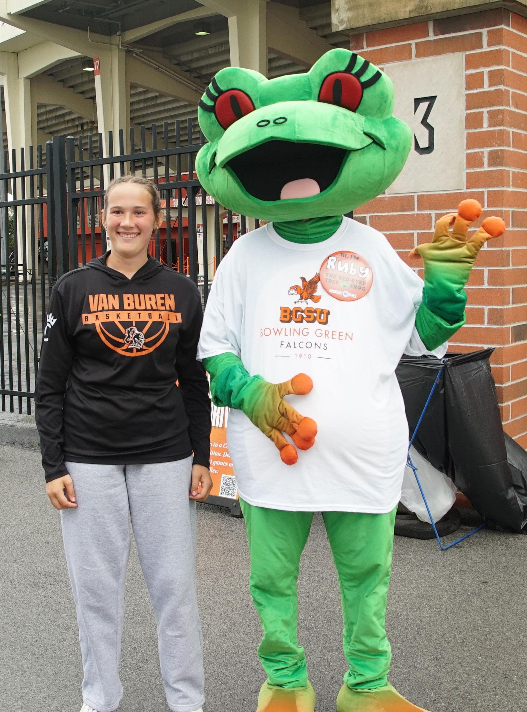 Station mascot Ruby with teen