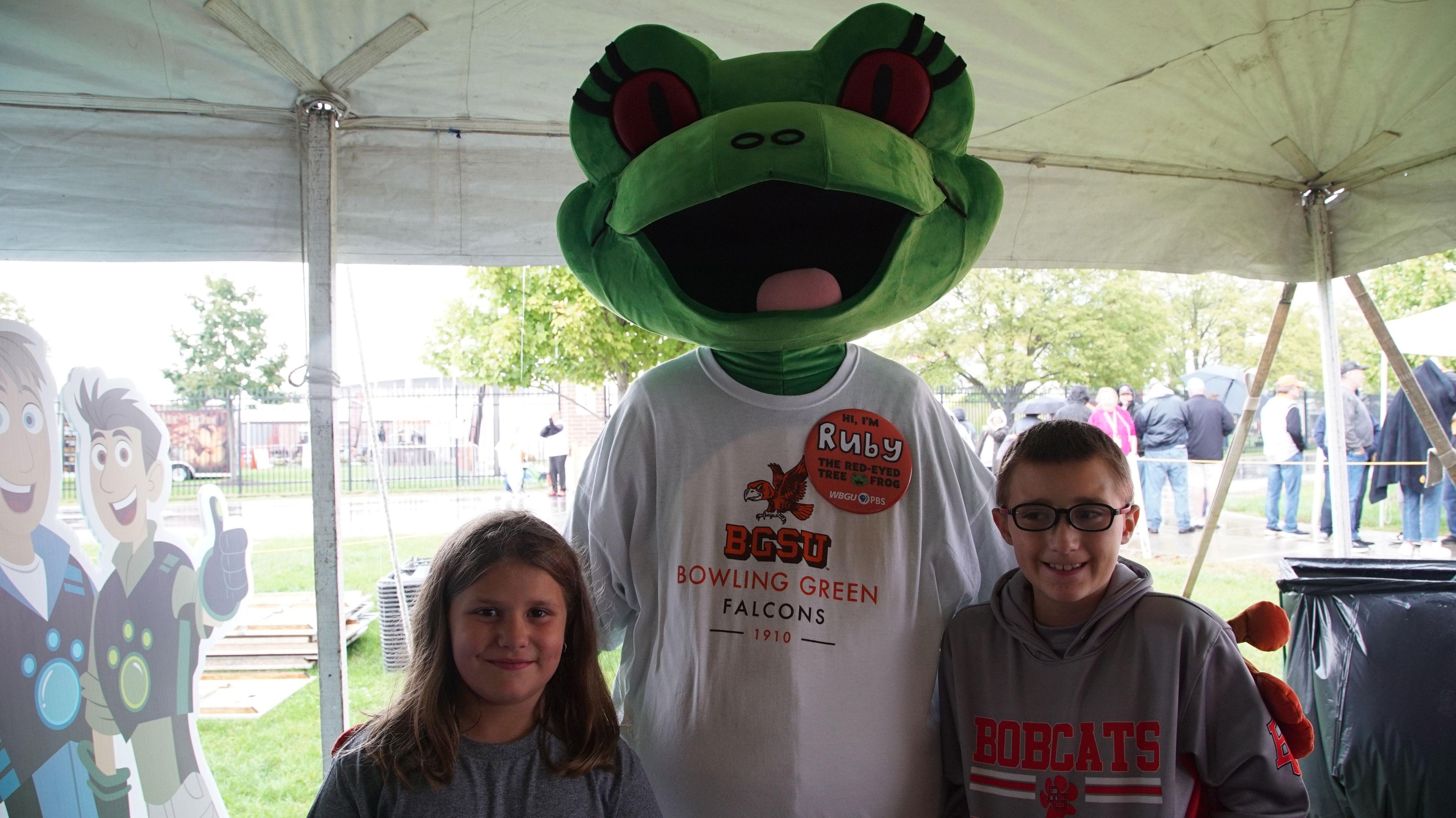 Station mascot Ruby with girl and boy