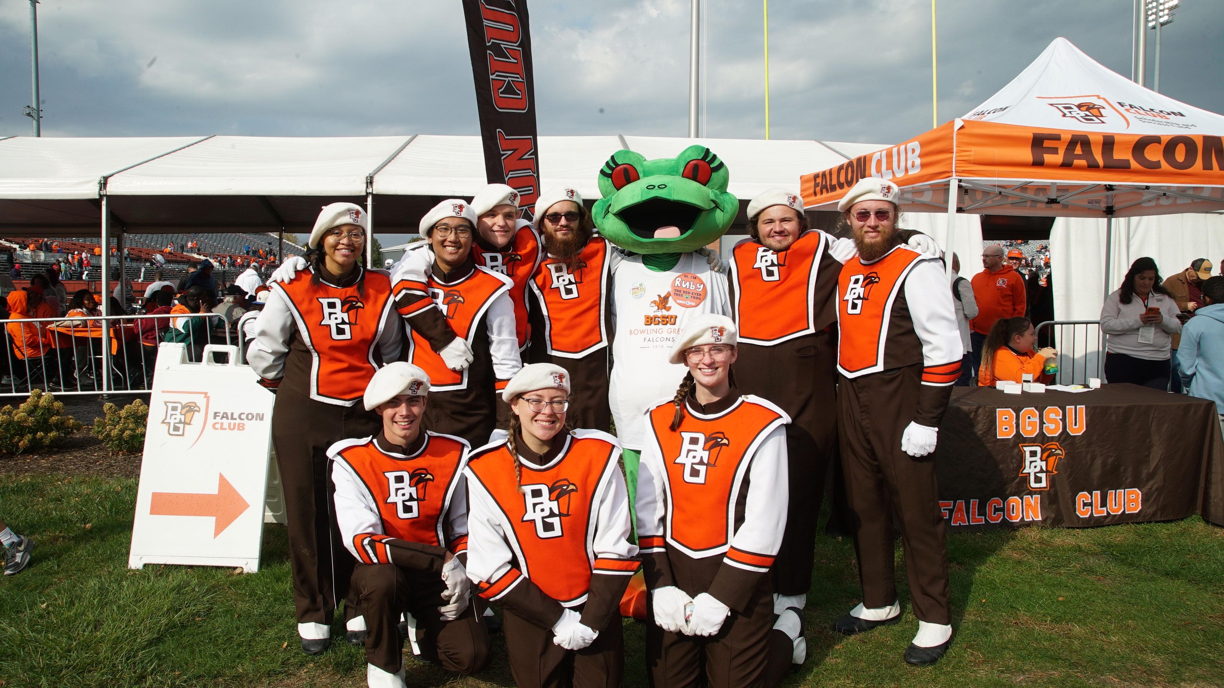 Station mascot Ruby with BGSU Marching Band