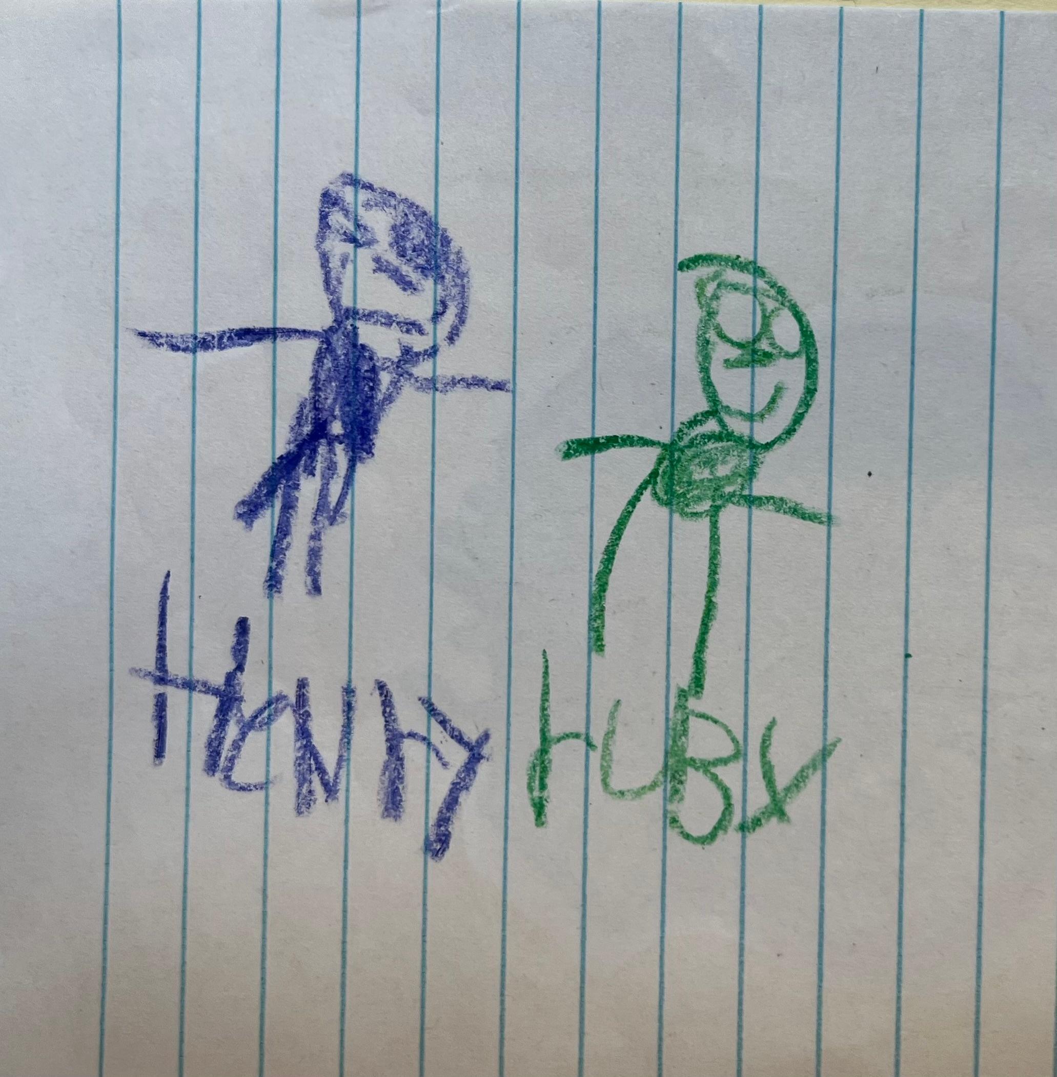 Kid drawing of stick figure boy and station mascot Ruby the Red-eyed Tree Frog