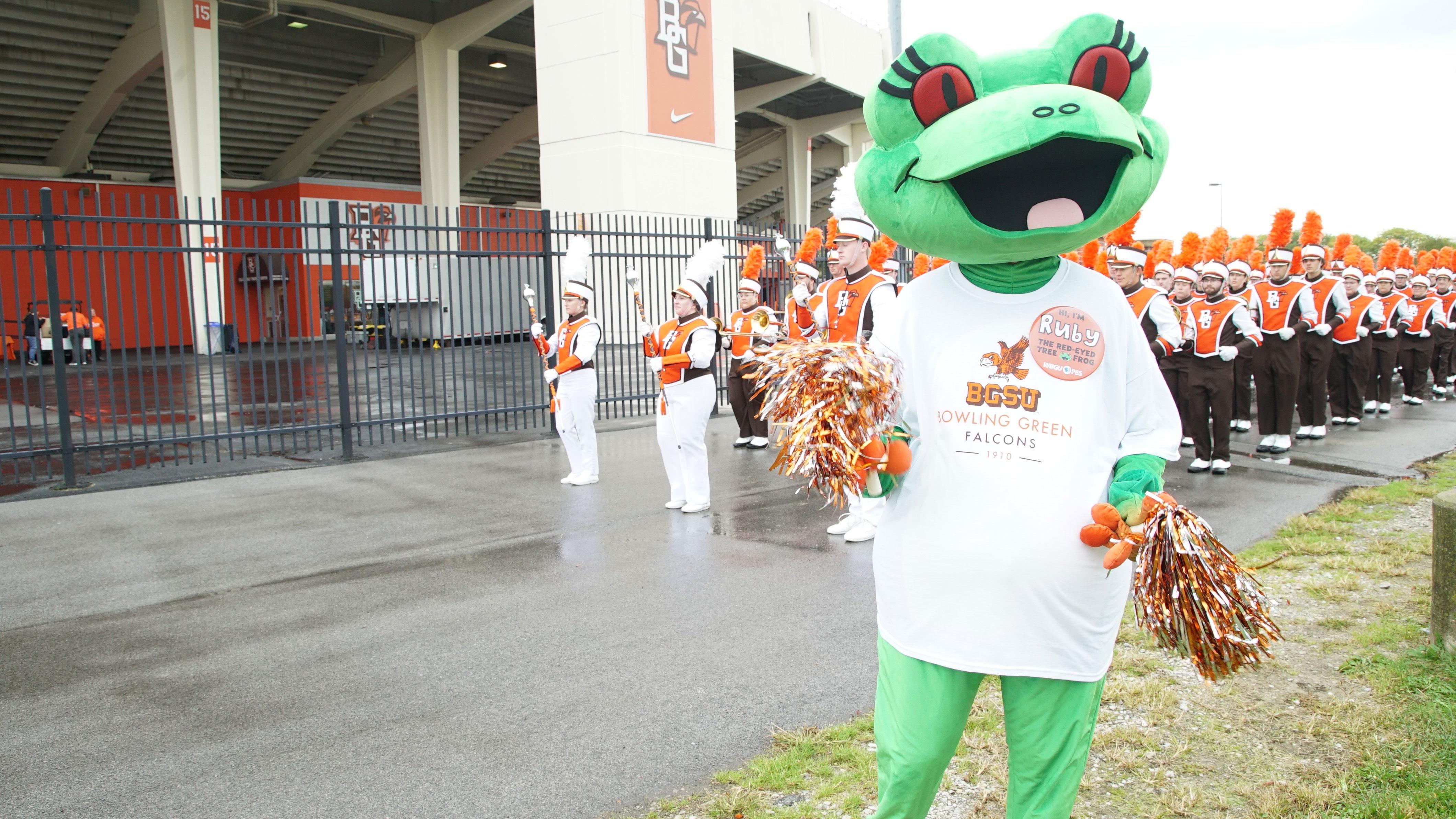 Station mascot Ruby with BGSU Marching Band