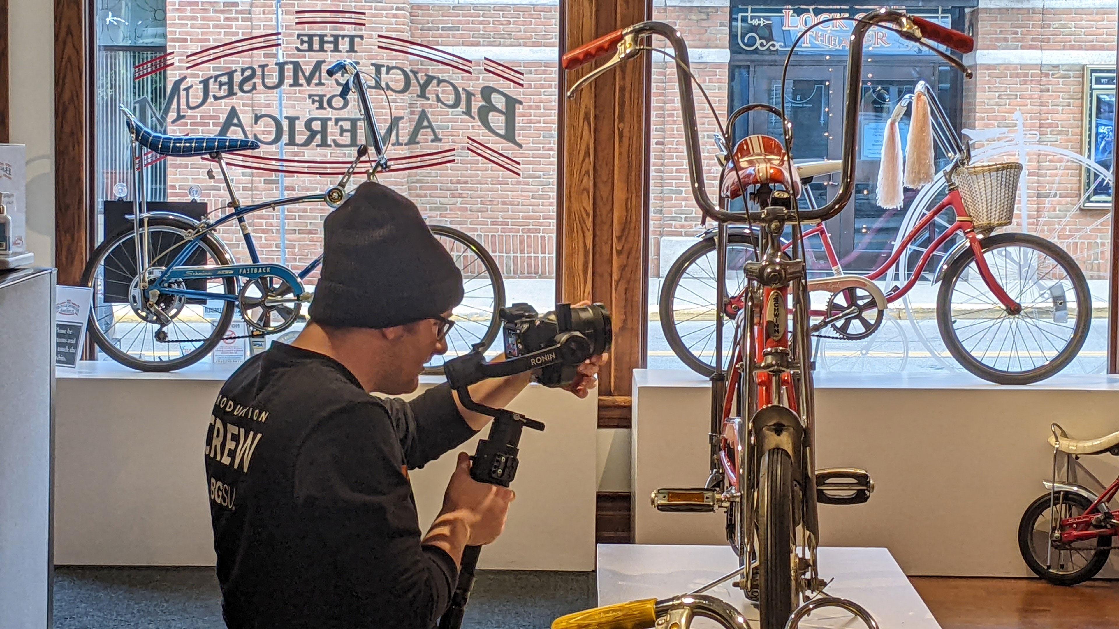 Filming a banana seat Schwinn at The Bicycle Museum of America