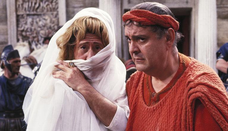 Two men dressed in Roman togas