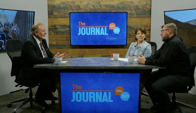 Host Steve Kendall with Jan McLaughlin and the Rev. Dr. Jeff Schooley