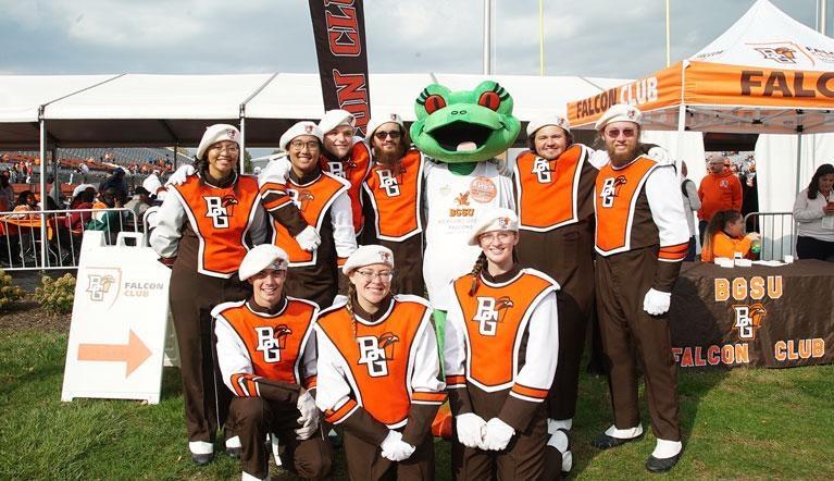 WBGU mascot Ruby with members of the Bowling Green State University band