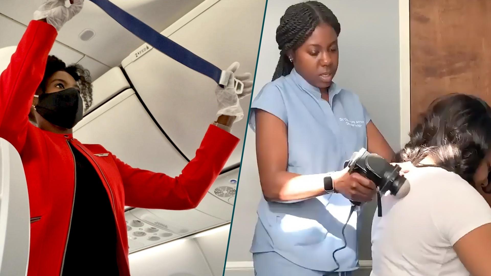 A split image of Courtney, from episode 1 of the Digital Series, at her 2 jobs,  as a flight attendant (left) and as a chiropractor (right)