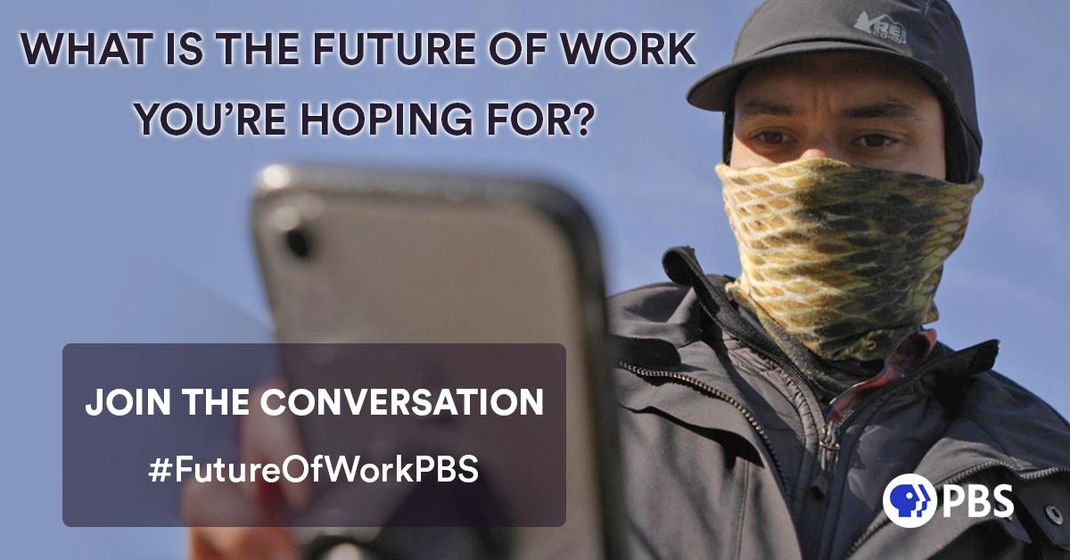 What is the Future of Work You're hoping for engagement graphic. Diego in mask holds phone.