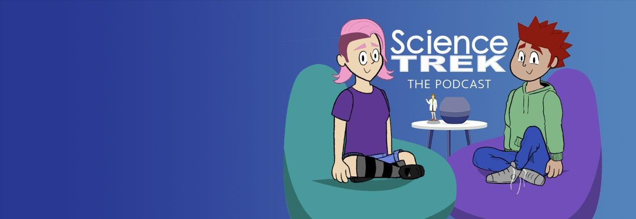 Two cartoon kids sitting on chairs discussing the Science Trek podcast