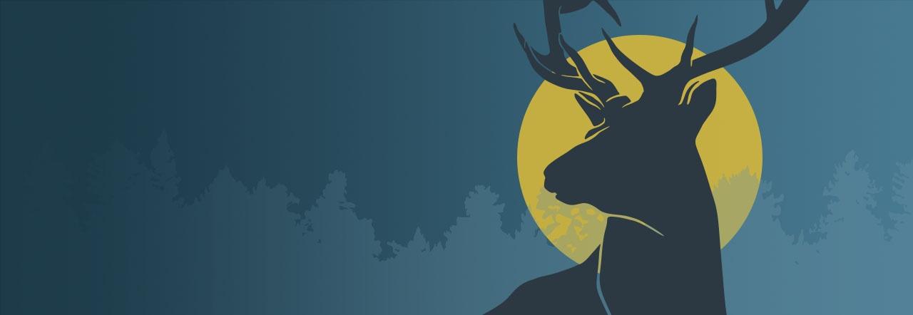 A silhoutte of a deer against a yellow moon