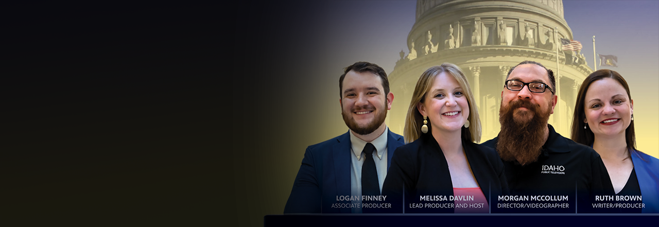 The four team members of Idaho Reports photographed in front of the Idaho Statehouse