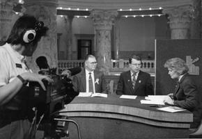 Camera operator Joan Rands, Sen. Denton Darrington, Rep. Ken Robison and Barbara Pulling on the set in 1991