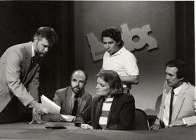 Ken Mundt, Gary Richardson, Barbara Pulling, Ricardo Ochoa, and Bruce Reichert on the set at the Capitol around 1987