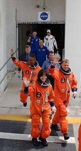 Barbara Morgan walking with crew