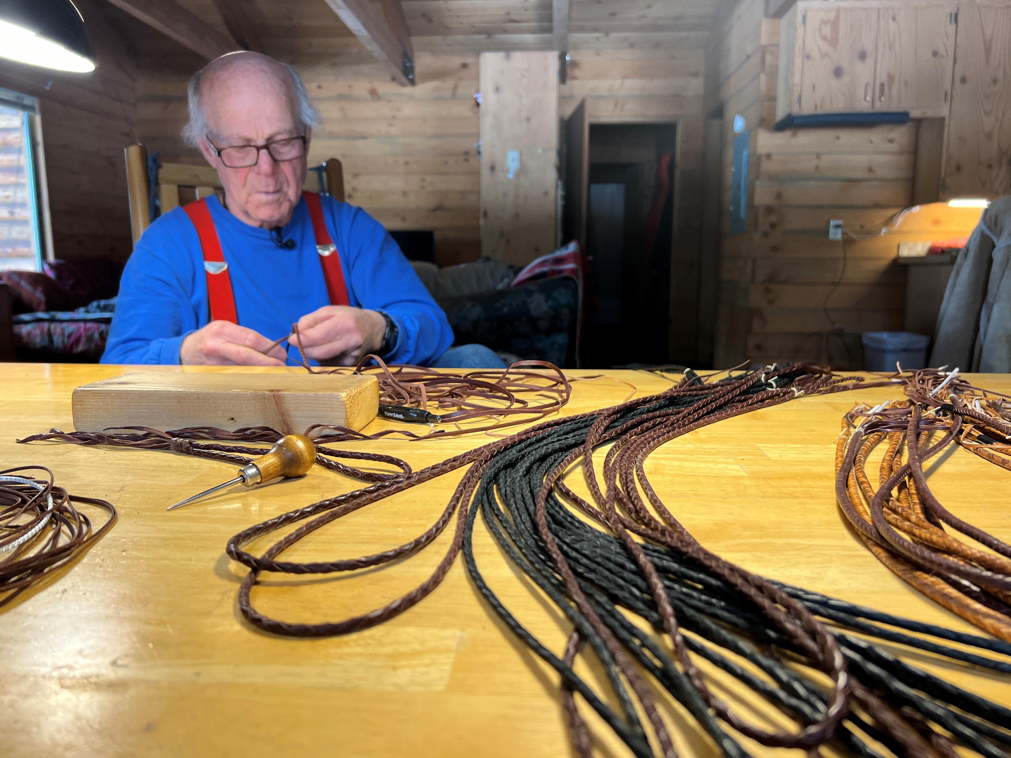 Mike “Hooey” Storch, a leather braider in Donnelly, Idaho.