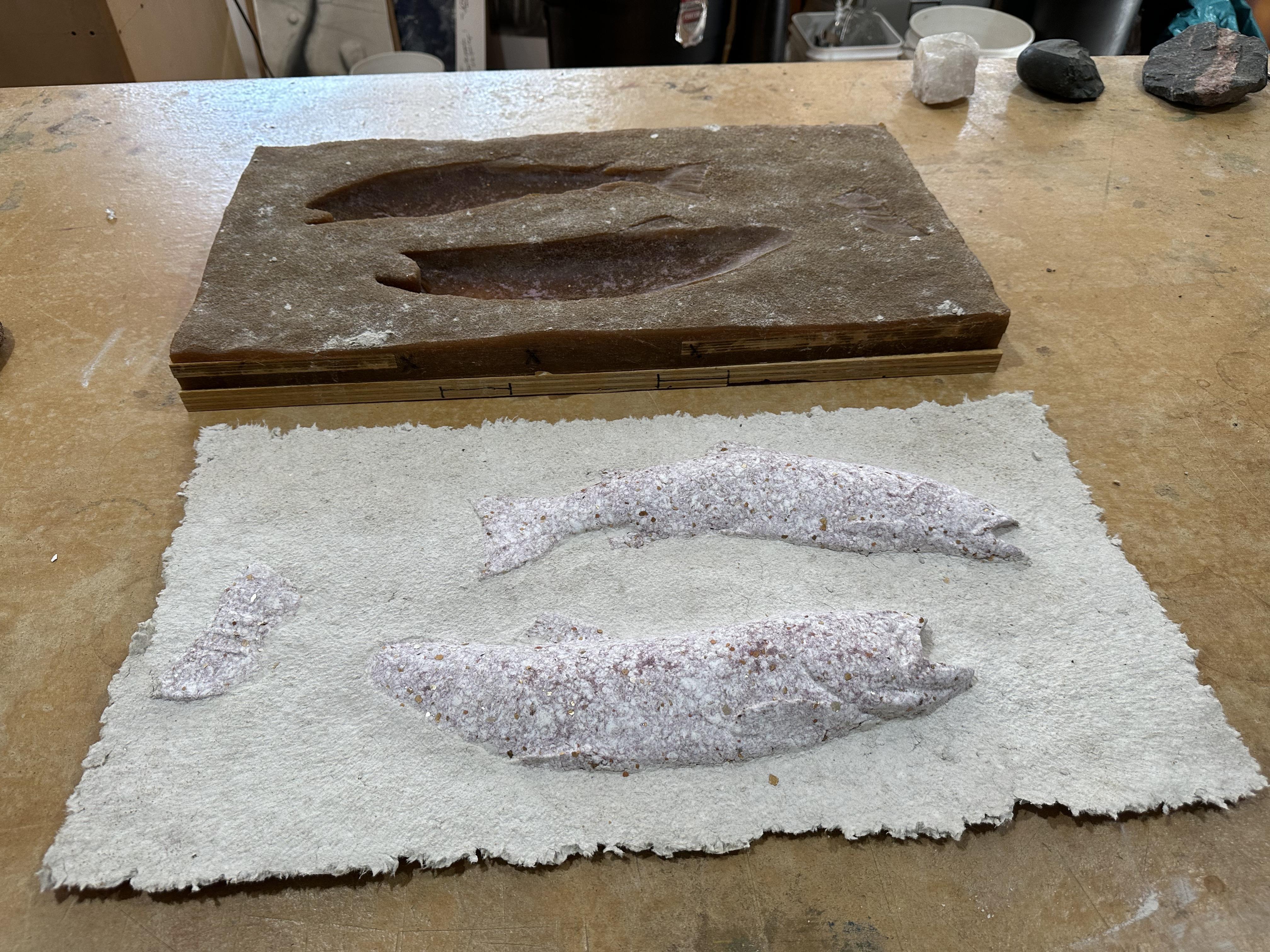 Mold for Lonnie Hutson’s paper-cast fish and end result