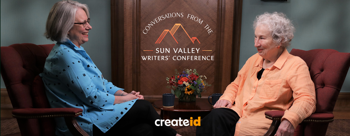 Host Marcia Franklin and author Margaret atwood seated and talking