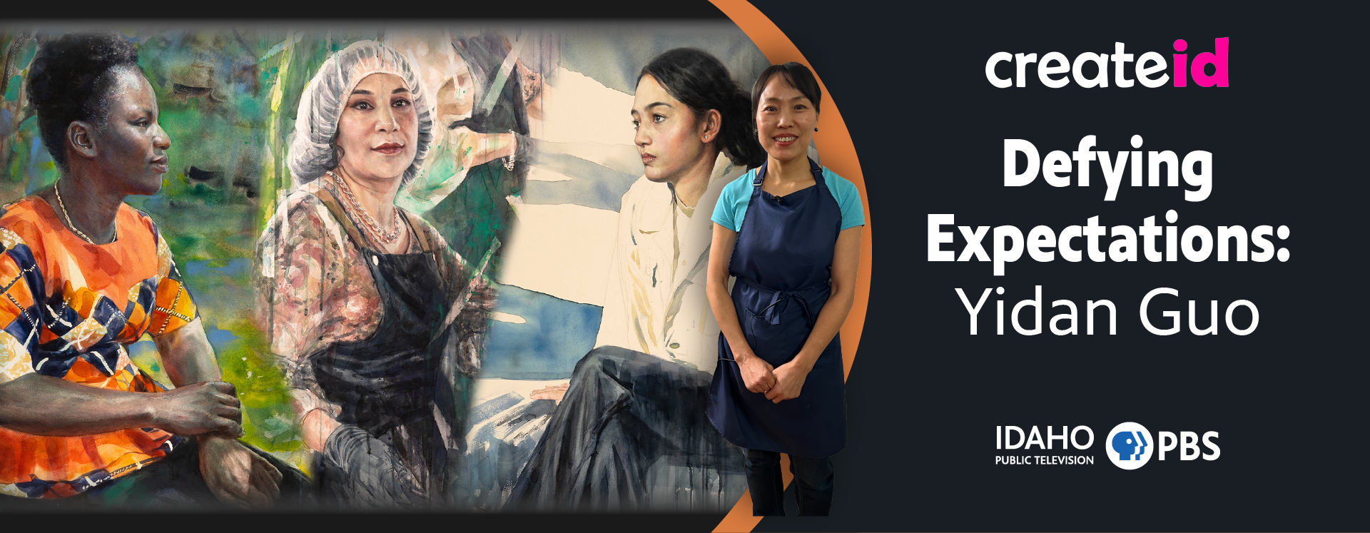 Artist Yidan Guo standing beside her paintings
