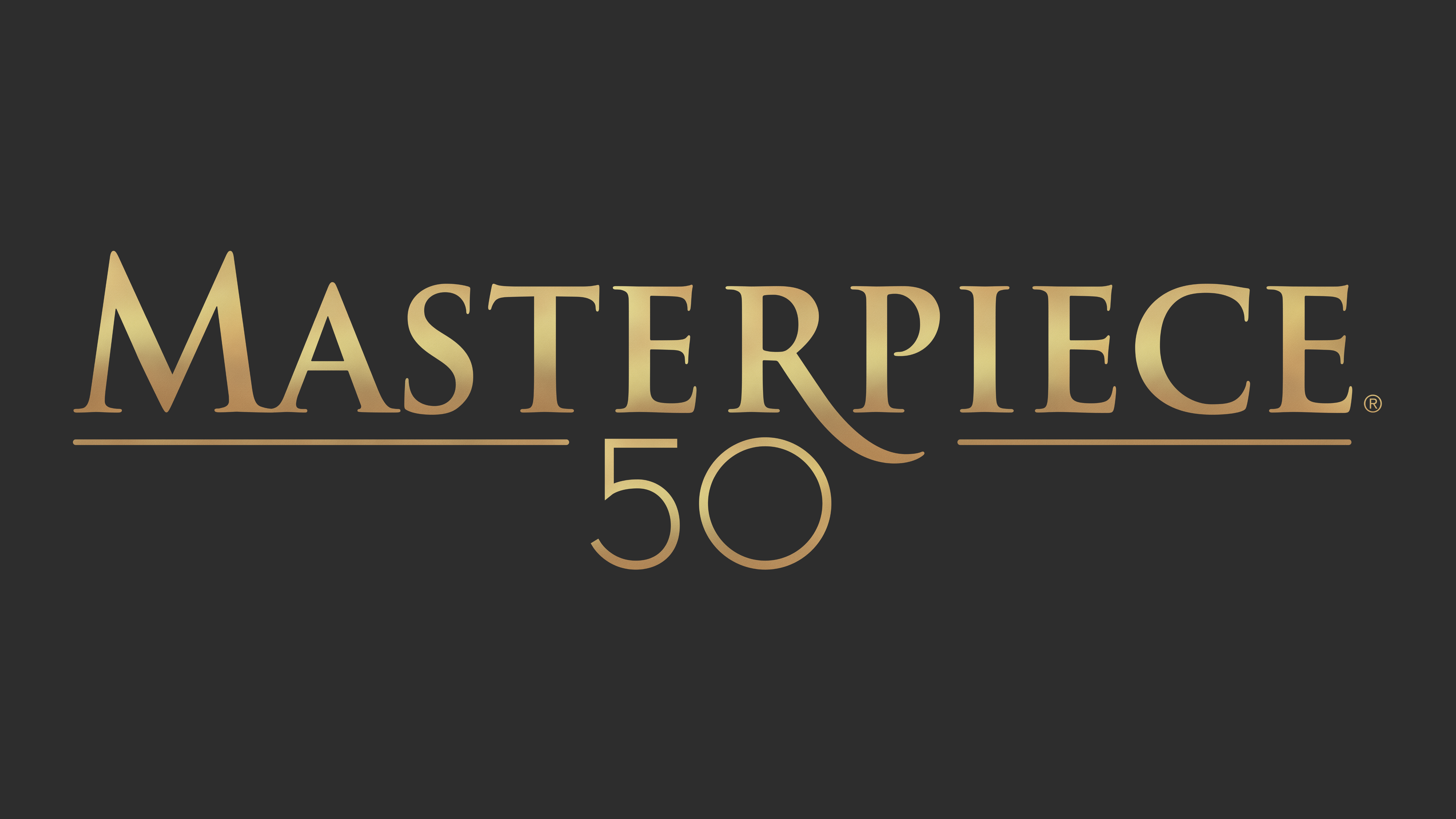 Gold MASTERPIECE 50 logo on dark background
