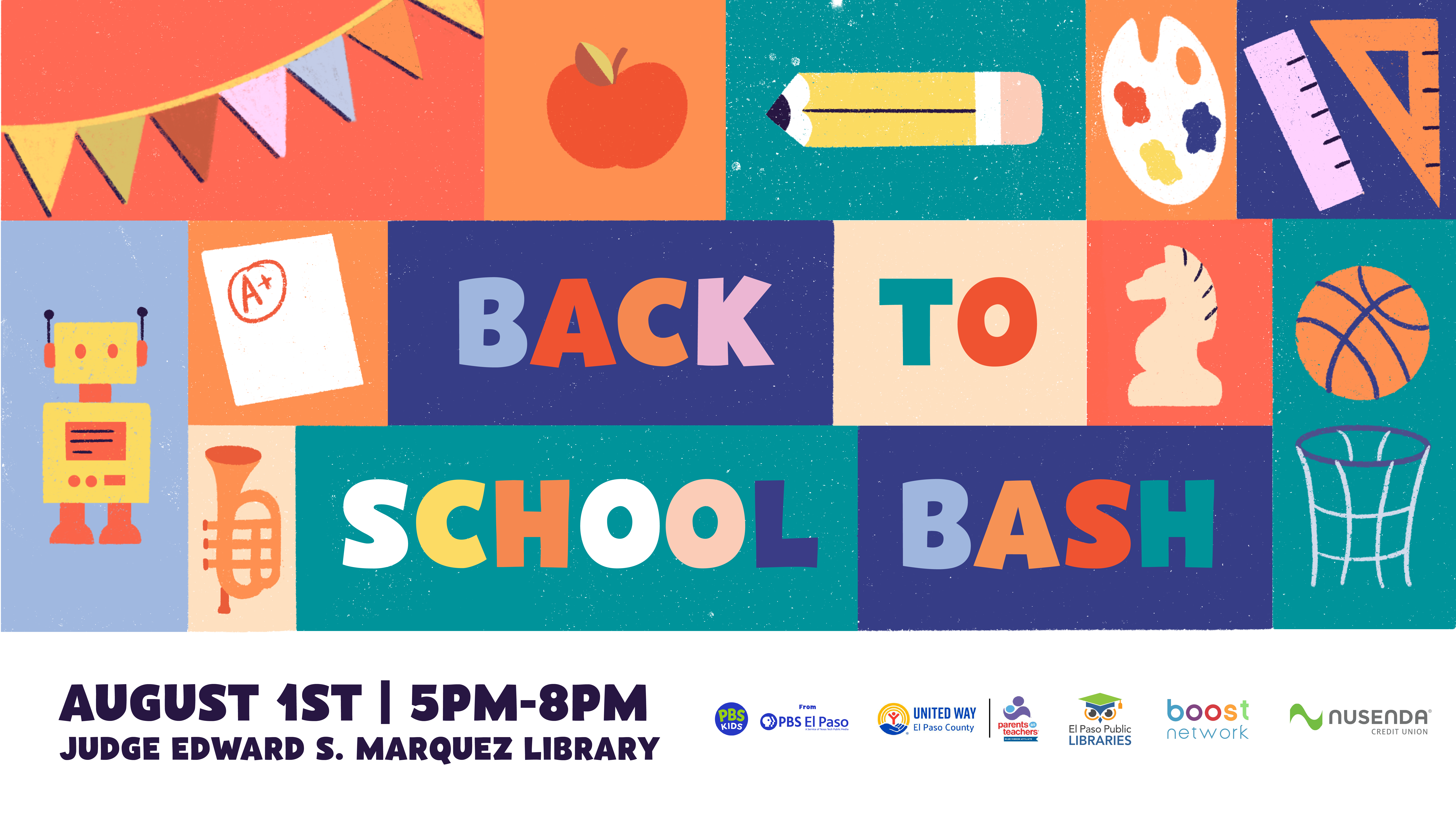 Home Page Slider that displays Back to School Bash information. It will be August 1st from 5 to 8 p.m. at Judge Edward S. Marquez Library.