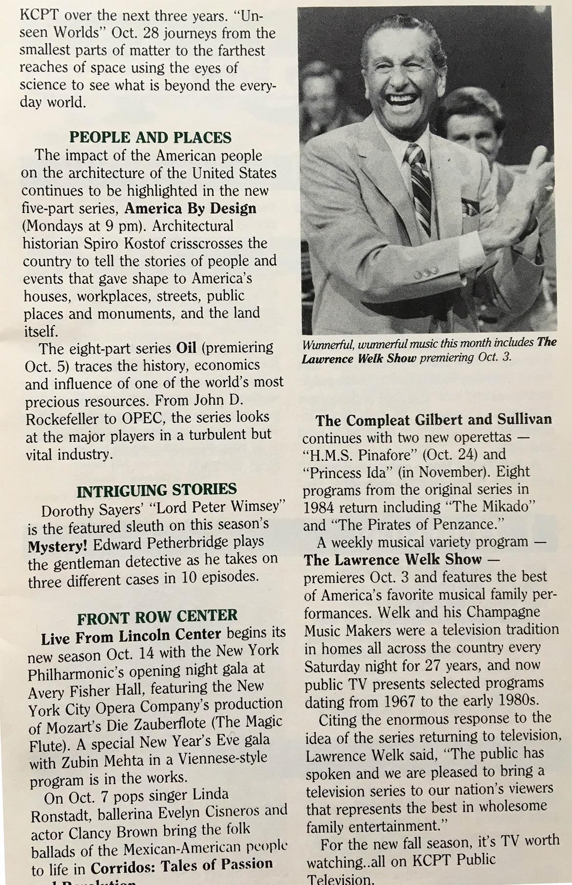 Photo of old piece of paper describing Lawrence Welk show